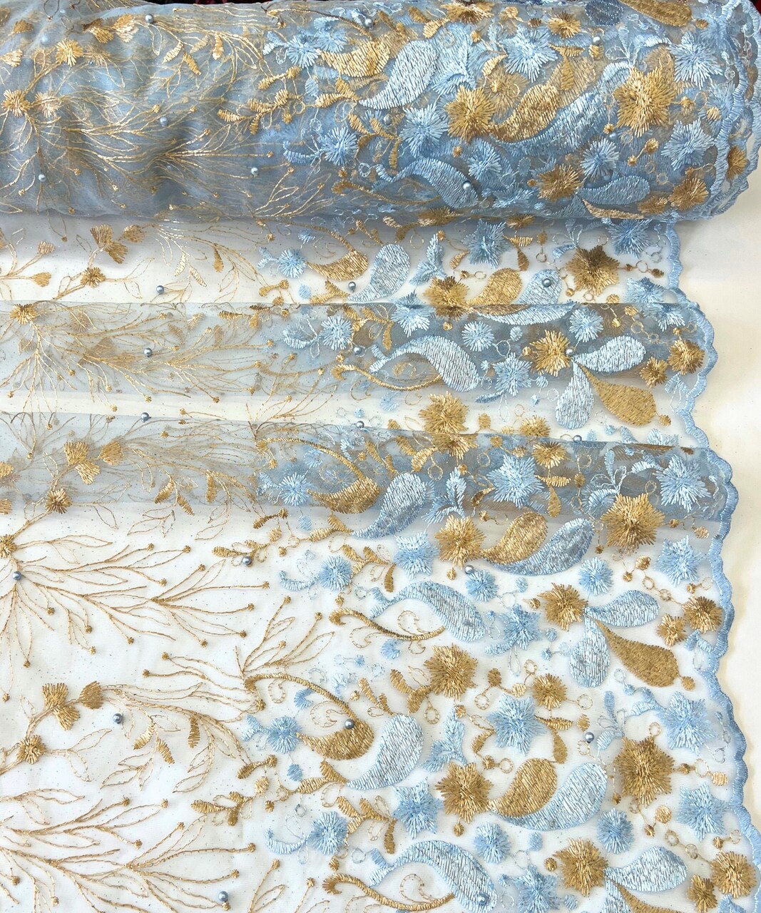 Blue/Gold Sequin Embroidered Lace Fabric by the Yard, 54" Wide Floral Mesh Lace with Double Scalloped Edges